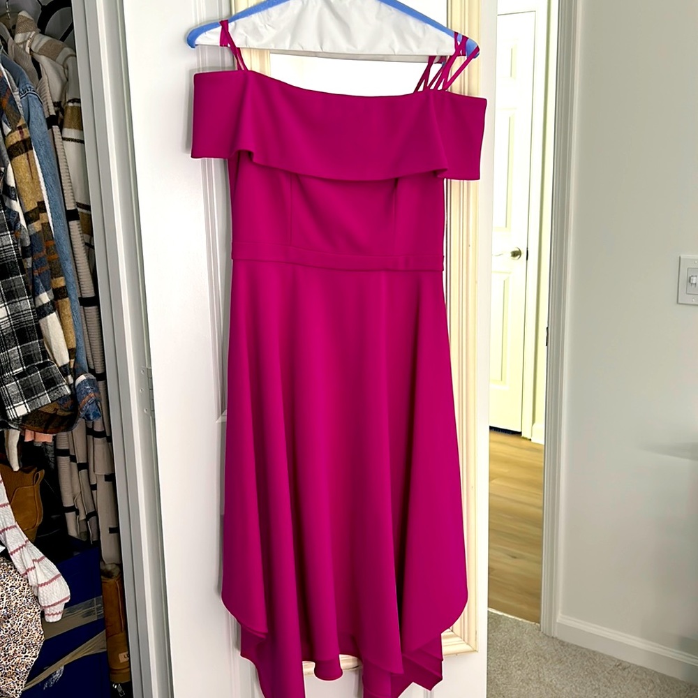 Xscape fuchsia, off shoulder dress